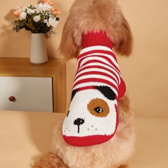 NEW! Cartoon Dog Print Pet Sweater Puppy Turtleneck Striped Festive Cat Kitty - Picture 1 of 3